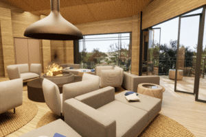 Move seamlessly between an indoor lounge and outdoor viewing deck (rendered image). 