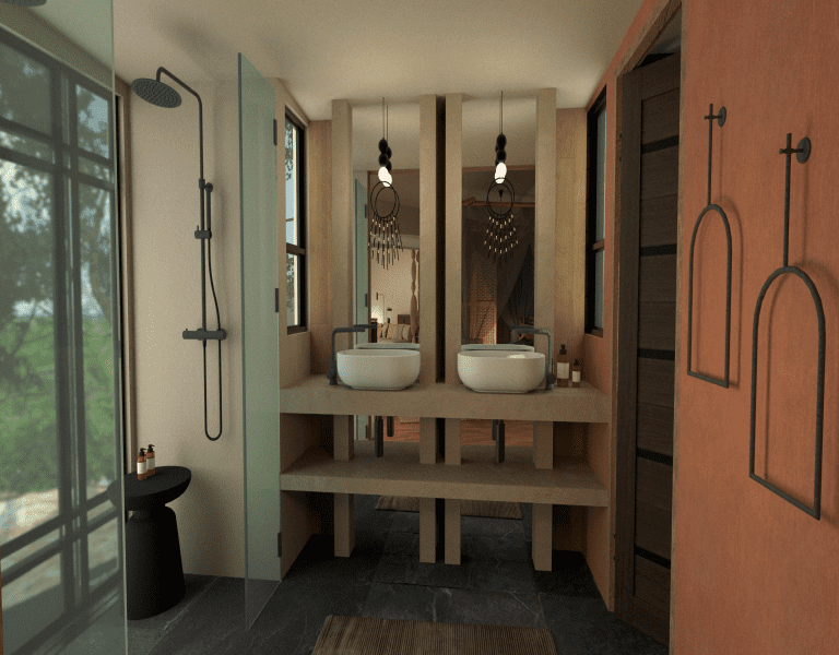A luxury en-suite bathroom boasts double vanity and walk-in shower. 