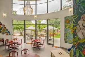 The indoor dining area is bathed in natural light.