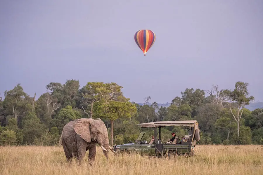 Un elefante junto a un vehículo de caza mientras un globo aerostático flota al fondo | Go2Africa
