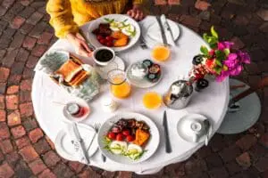 A colourful display of sumptous breakfast staples. 
