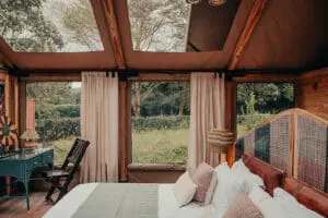 Views from the tents are enhanced by a mesh ceiling and sides with a retractable weatherproof roof. 