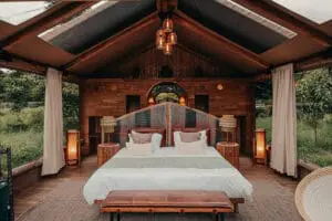 Locally-sourced and reclaimed materials have been used to build these beautiful guest tents. 