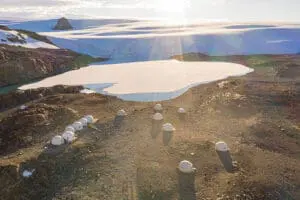 An aerial view of Whichaway in Antarctica.