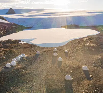 An aerial view of Whichaway in Antarctica.