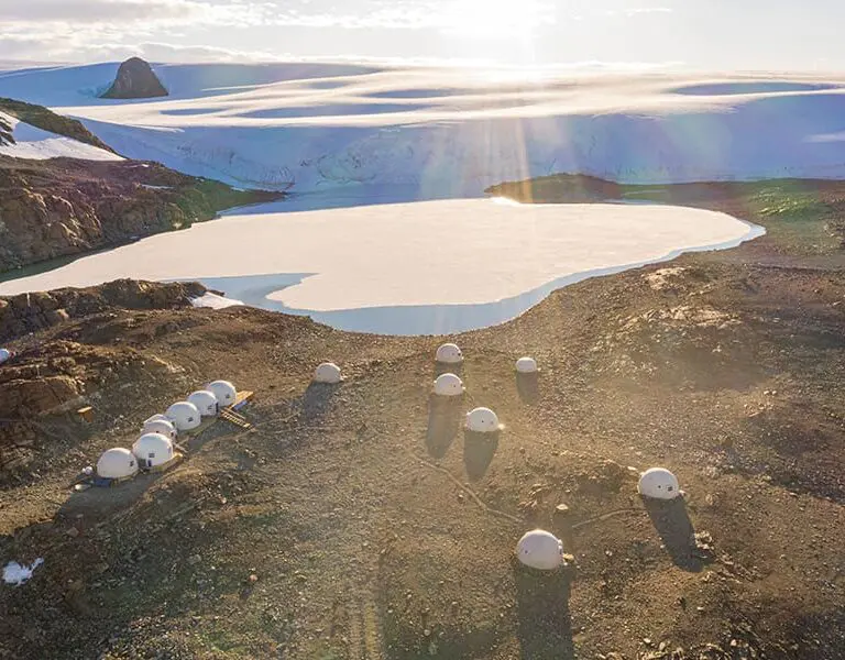 An aerial view of Whichaway in Antarctica.