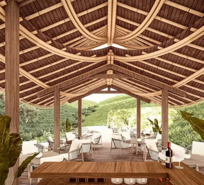 Een ruime lounge, bar en eetruimte - gerenderde afbeelding. 