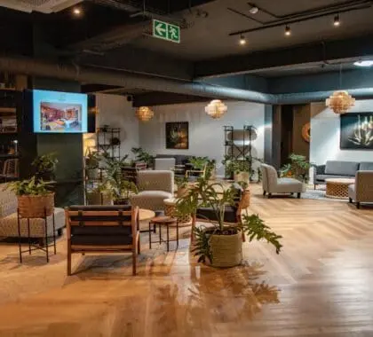 Con una característica mezcla de madera clara, suaves tonos grises y toques verdes, el diseño del hotel desprende un ambiente tranquilo.