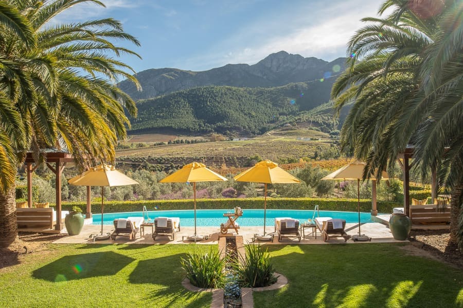 Las sombrillas amarillas destacan sobre las viñas y las montañas con una piscina delante | Go2Africa