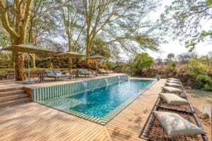 A swimming pool at the main lodge offers a cooling splash after a hot day in the Kruger.