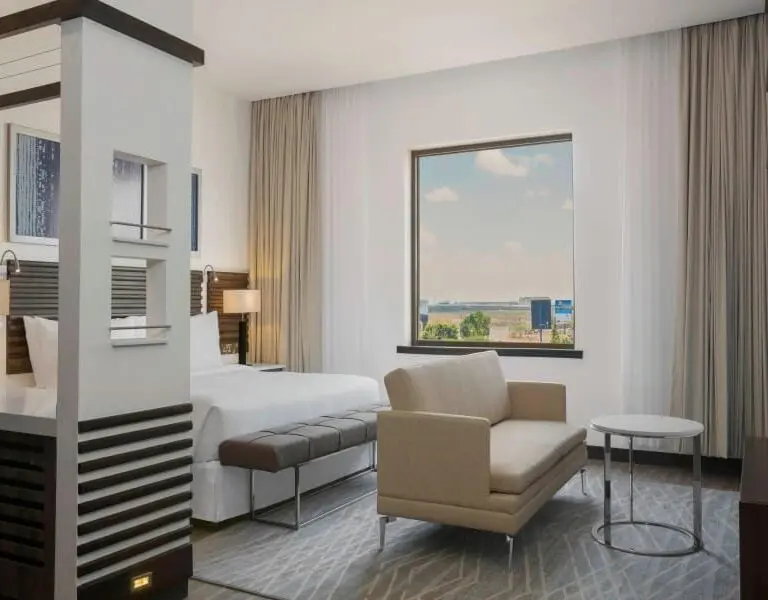 A deluxe king room offers comfortable relaxation. 
