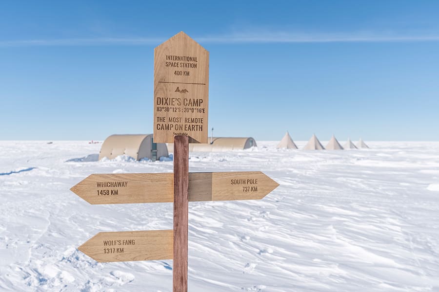 A sign in Antarctica for White Desert's Dixie's Camp | Go2Africa