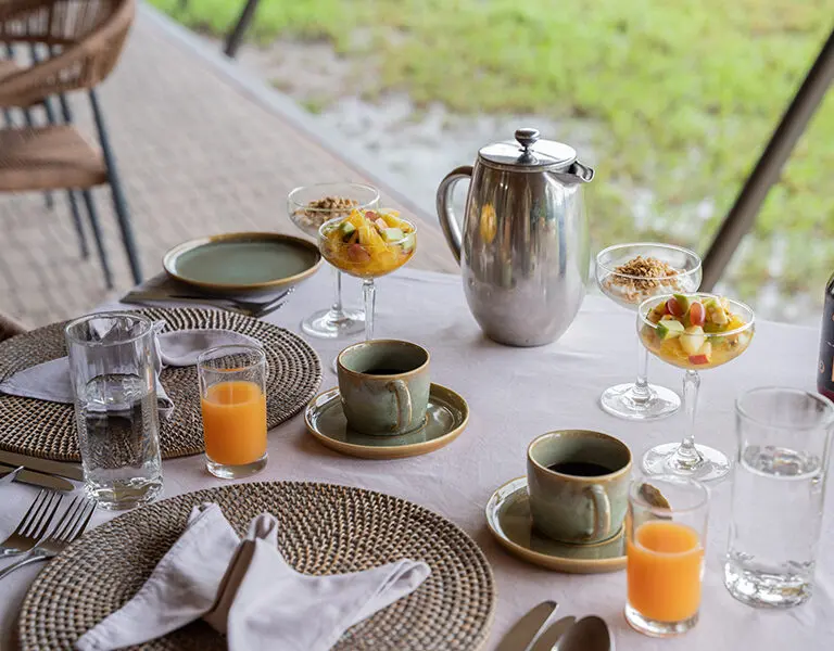 Breakfast is a leisurely affair, with fresh ingredients and hearty meal options.