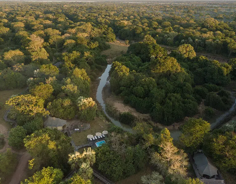 Muzimu Lodge offers a classic tented safari, hidden in a tranquil riverine forest.