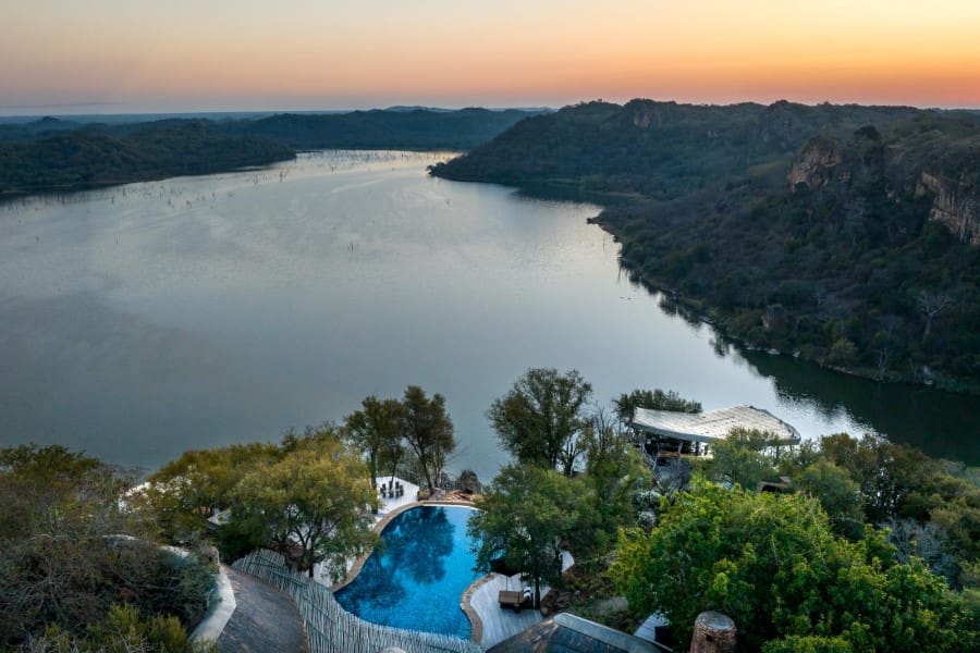 Singita Pamushana Lodge is perched atop the Malilangwe River in Zimbabwe.