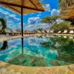 A swimming pool provides a cooling reprieve from the heat of the day. 