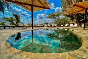 A swimming pool provides a cooling reprieve from the heat of the day. 