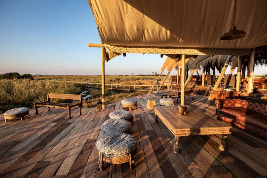 The Selinda Camp common area overlooks the Okavango Delta