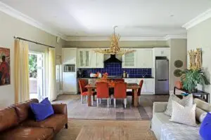 The kitchen welcomes family meals.