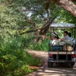 Súbase a un carro para recorrer la finca.
