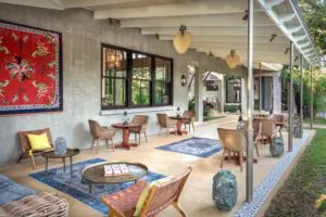 The hotel's terrace is a great spot to enjoy lunch, or simply breathe in the beautiful architecture and natural surroundings.