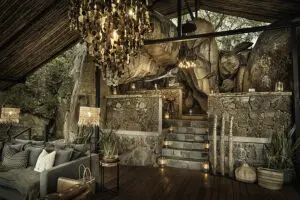The lounge at Nimali Mara is set amongst  boulders. 