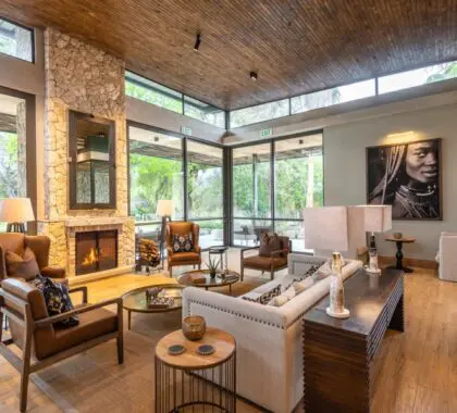 Sip whiskeys next to the fireplace. 
