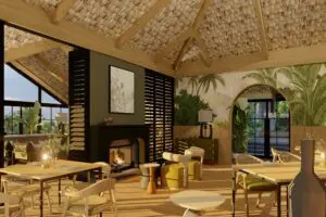 The fireplace at Laba Ngorongoro Lodge | Image is an artist's render.