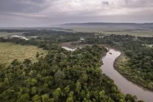 The Mara River cuts through the landscape. 