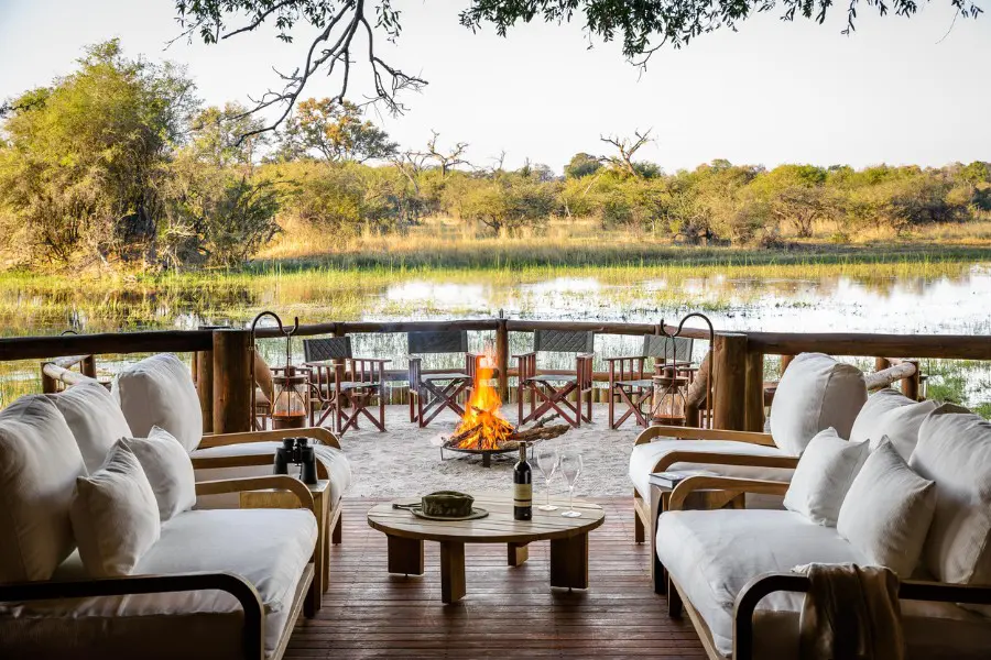 Fire pit at Chief's Camp overlooking the flood plains and waterways in the Okavango Delta | Go2Africa