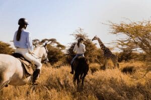 Montaria a cavalo pela região de Laikipia, Quénia, com girafas ao longe | Lewa Wilderness Lodge