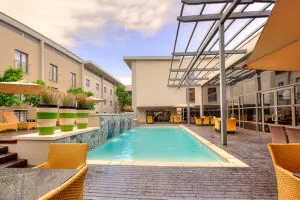 The swimming pool at airport hotel, City Lodge Hotel OR Tambo International Airport.
