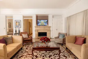 The guest lounge area has a fireplace to keep it cosy in the cooler months. 