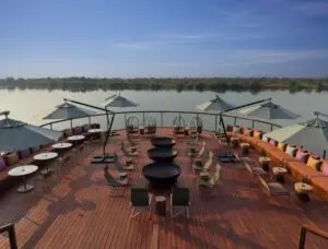 Savour sundowners at the terrace bar overlooking the river below.