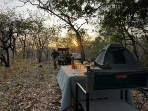 Delicious, hearty meals are served under the African night sky.