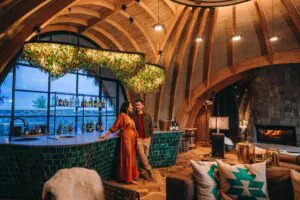 Grab a drink from the fully stocked bar. 